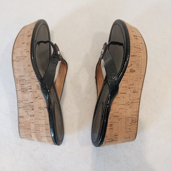 Coach 6.5 Strappy Sandal Wedge Cork Black Patent Leather Jorgina Signature Thong - Picture 8 of 13